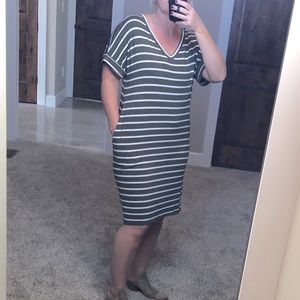 Olive V-neck Stripe Dress from Zenana